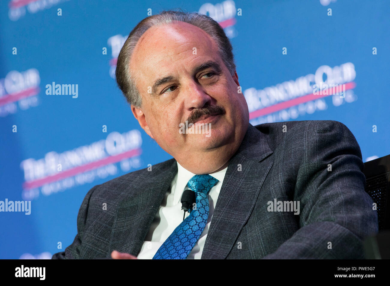 Washington DC, USA. 15th Oct 2018. Larry Merlo, President and CEO of CVS Health, participates in an interview during an Economic Club of Washington event in Washington, D.C., on October 15, 2018. Credit: Kristoffer Tripplaar/Alamy Live News Stock Photo