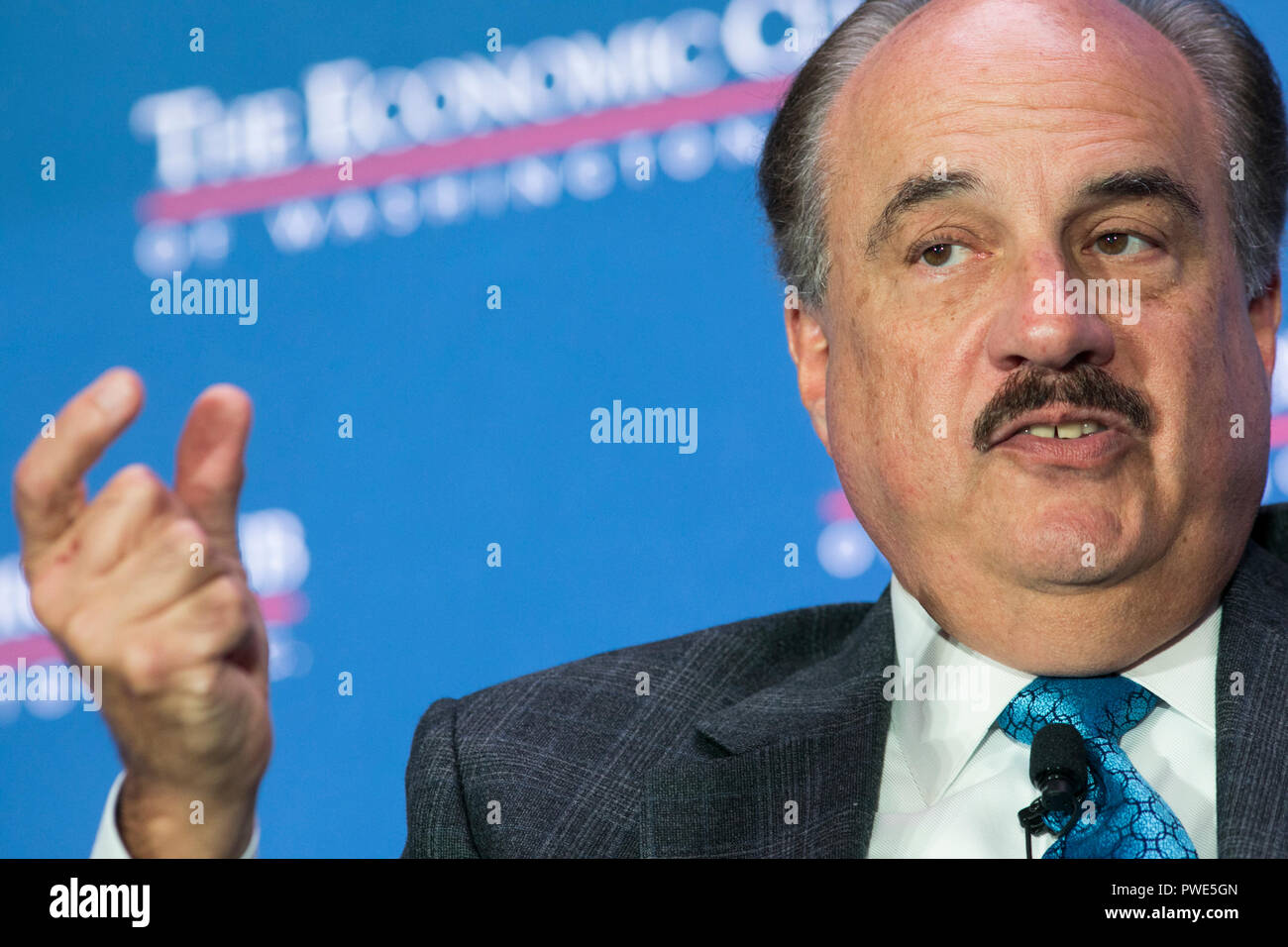 Washington DC, USA. 15th Oct 2018. Larry Merlo, President and CEO of CVS Health, participates in an interview during an Economic Club of Washington event in Washington, D.C., on October 15, 2018. Credit: Kristoffer Tripplaar/Alamy Live News Stock Photo