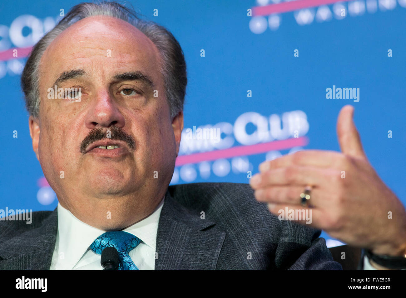 Washington DC, USA. 15th Oct 2018. Larry Merlo, President and CEO of CVS Health, participates in an interview during an Economic Club of Washington event in Washington, D.C., on October 15, 2018. Credit: Kristoffer Tripplaar/Alamy Live News Stock Photo