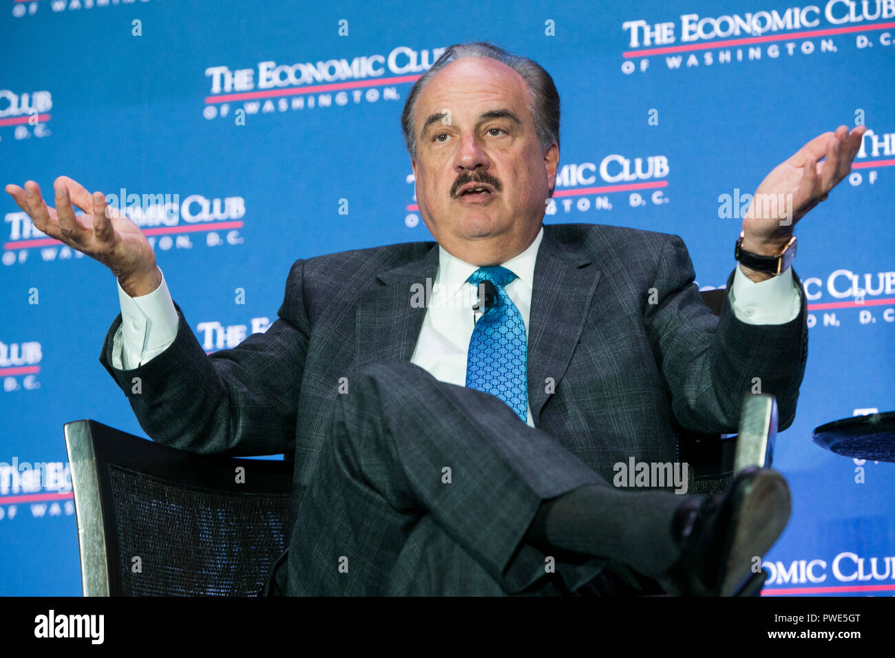 Washington DC, USA. 15th Oct 2018. Larry Merlo, President and CEO of CVS Health, participates in an interview during an Economic Club of Washington event in Washington, D.C., on October 15, 2018. Credit: Kristoffer Tripplaar/Alamy Live News Stock Photo