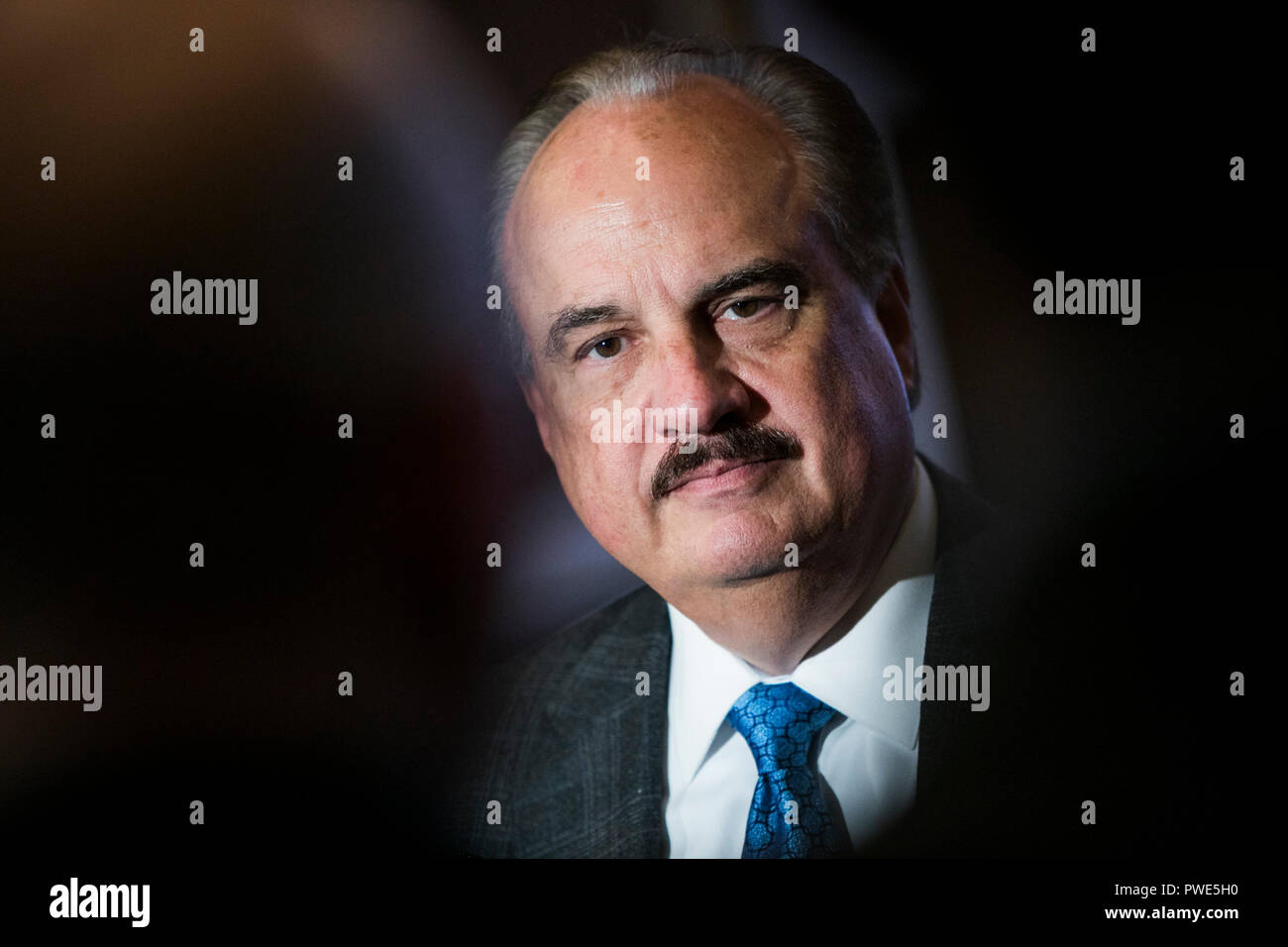 Washington DC, USA. 15th Oct 2018. Larry Merlo, President and CEO of CVS Health, participates in an interview during an Economic Club of Washington event in Washington, D.C., on October 15, 2018. Credit: Kristoffer Tripplaar/Alamy Live News Stock Photo