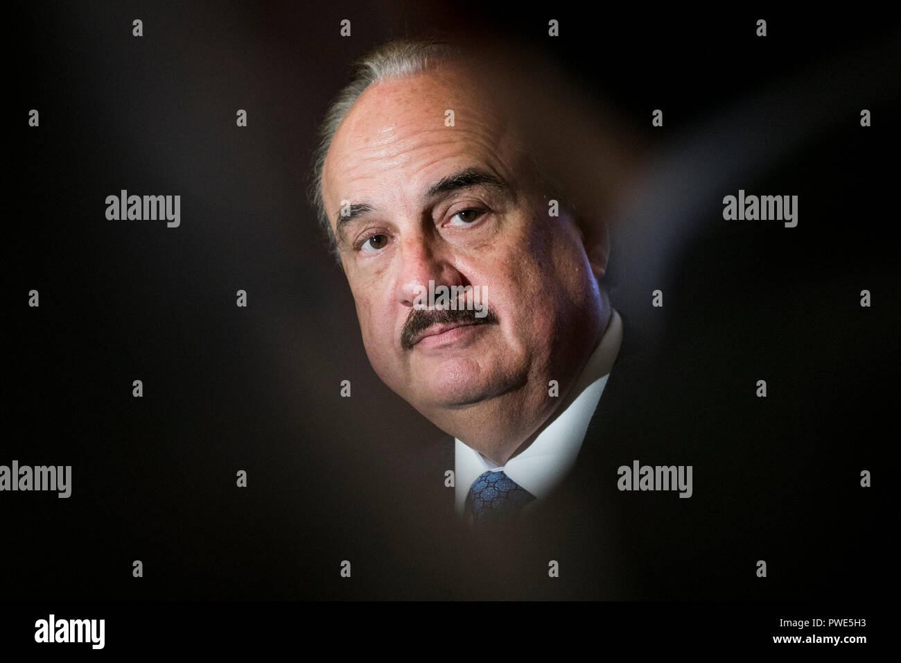 Washington DC, USA. 15th Oct 2018. Larry Merlo, President and CEO of CVS Health, participates in an interview during an Economic Club of Washington event in Washington, D.C., on October 15, 2018. Credit: Kristoffer Tripplaar/Alamy Live News Stock Photo