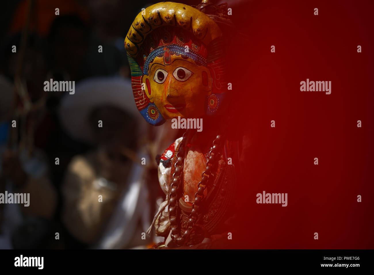 October 16, 2018 - Lalitpur, Nepal - A man clad as a deity performs a traditional dance during Shikali festival, an alternative to Dashain that dates back to 300 years observed by the people from ethnic Newar community in Lalitpur, Nepal on Tuesday, October 16, 2018. (Credit Image: © Skanda Gautam/ZUMA Wire) Stock Photo