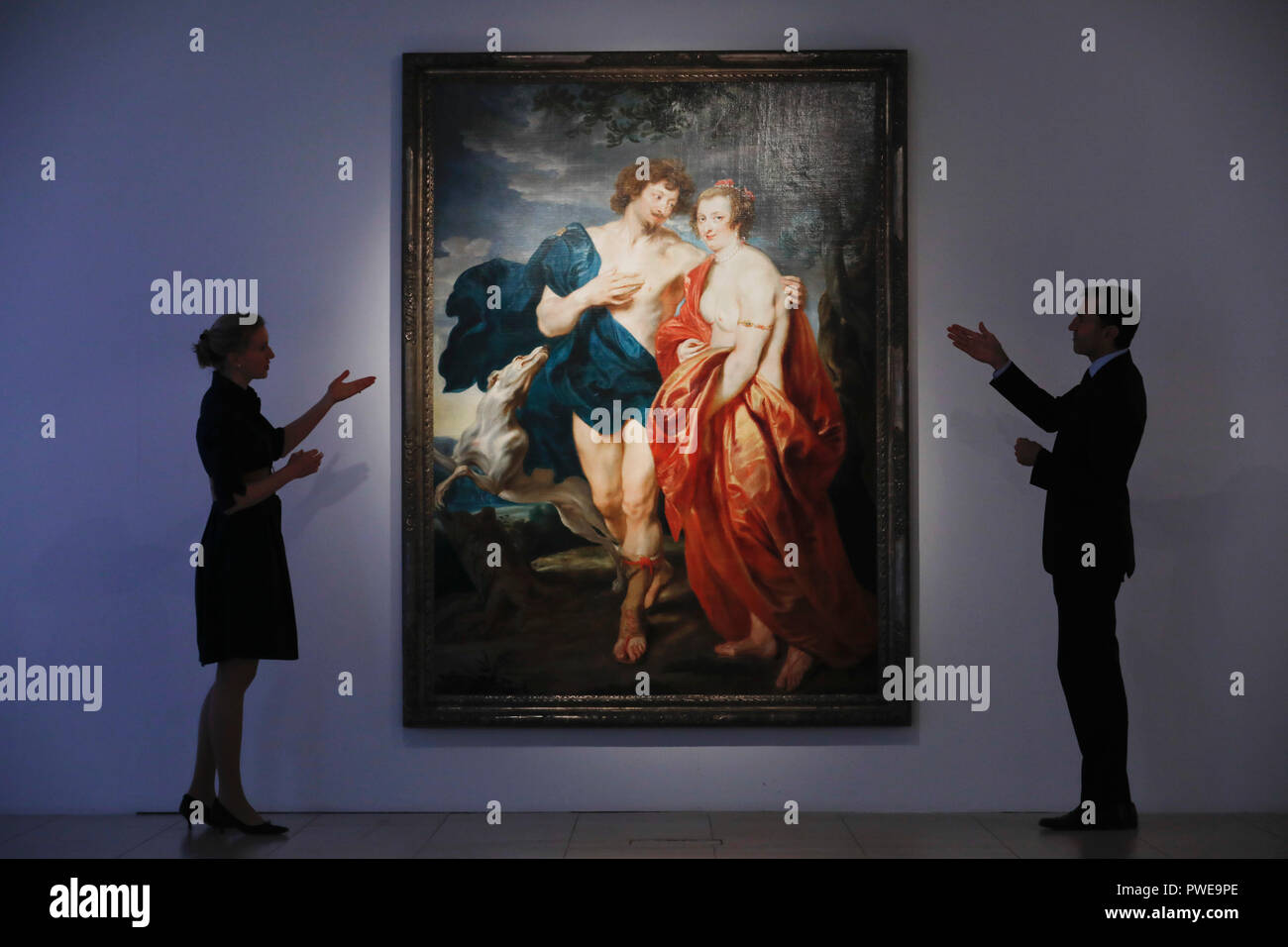 London, UK, 16th Oct 2018. Christie's employees discuss Dutch master Anthony Van Dyck 's work 'Venus and Adonis' at Christie's AuctionHouse in London, UK, Tuesday October 16, 2017. The piece is expected to achieve up to £3.5million when is comes to auction as part of the Albada Jelgersma Collection sale during Christie's Classic Week in December. Photograph : Credit: Luke MacGregor/Alamy Live News Stock Photo