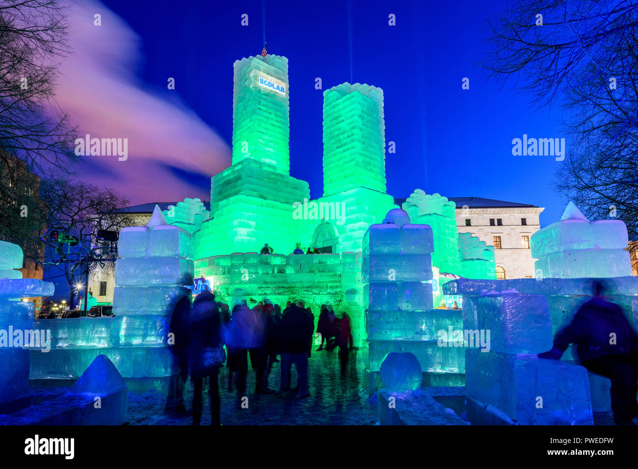 2018 Saint Paul Winter Carnival Ice Palace with green lighting. The ice palace was built in Rice Park downtown St. Paul, Minnesota. Stock Photo