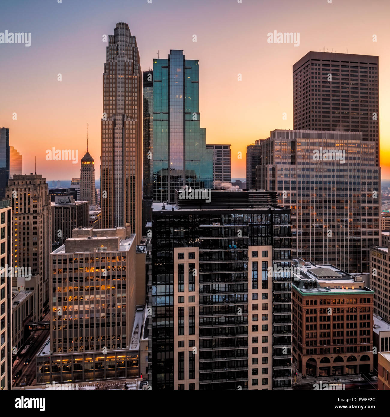 Minneapolis, Minnesota skyline at sunsetas seen from the 30th floor of the 365 Nicollet