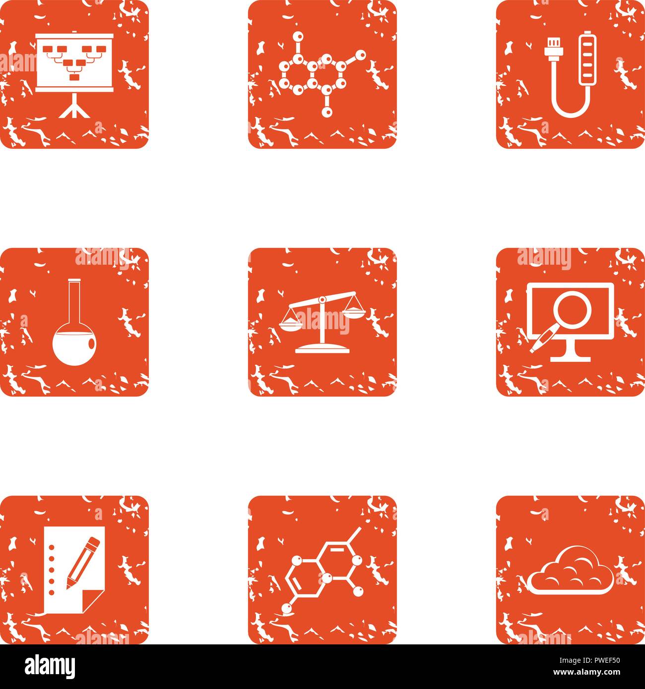 Radiochemistry icons set, grunge style Stock Vector