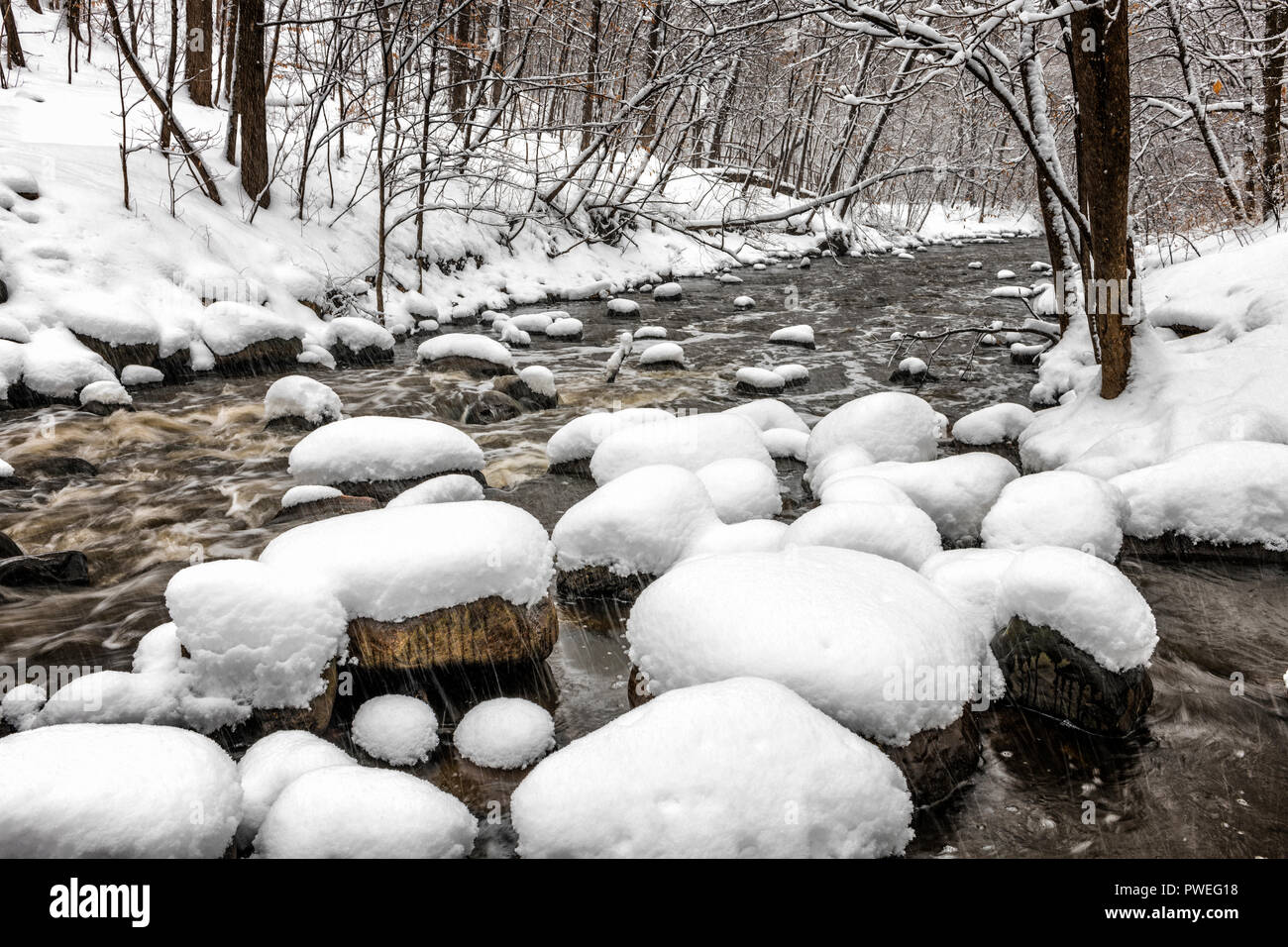 A spring snow storm covers rocks along Nine Mile Creek. Stock Photo