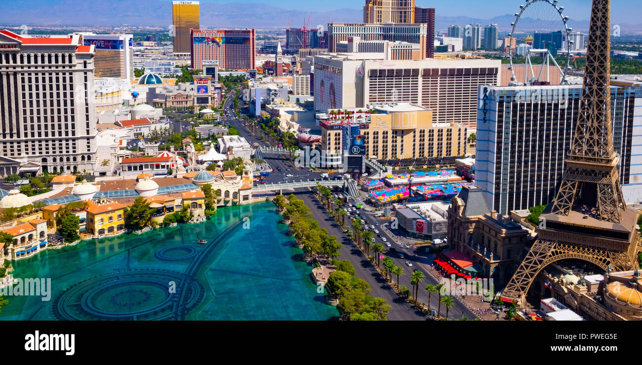The Las Vegas strip skyline looking over the Bellagio Hotel fountain Stock Photo