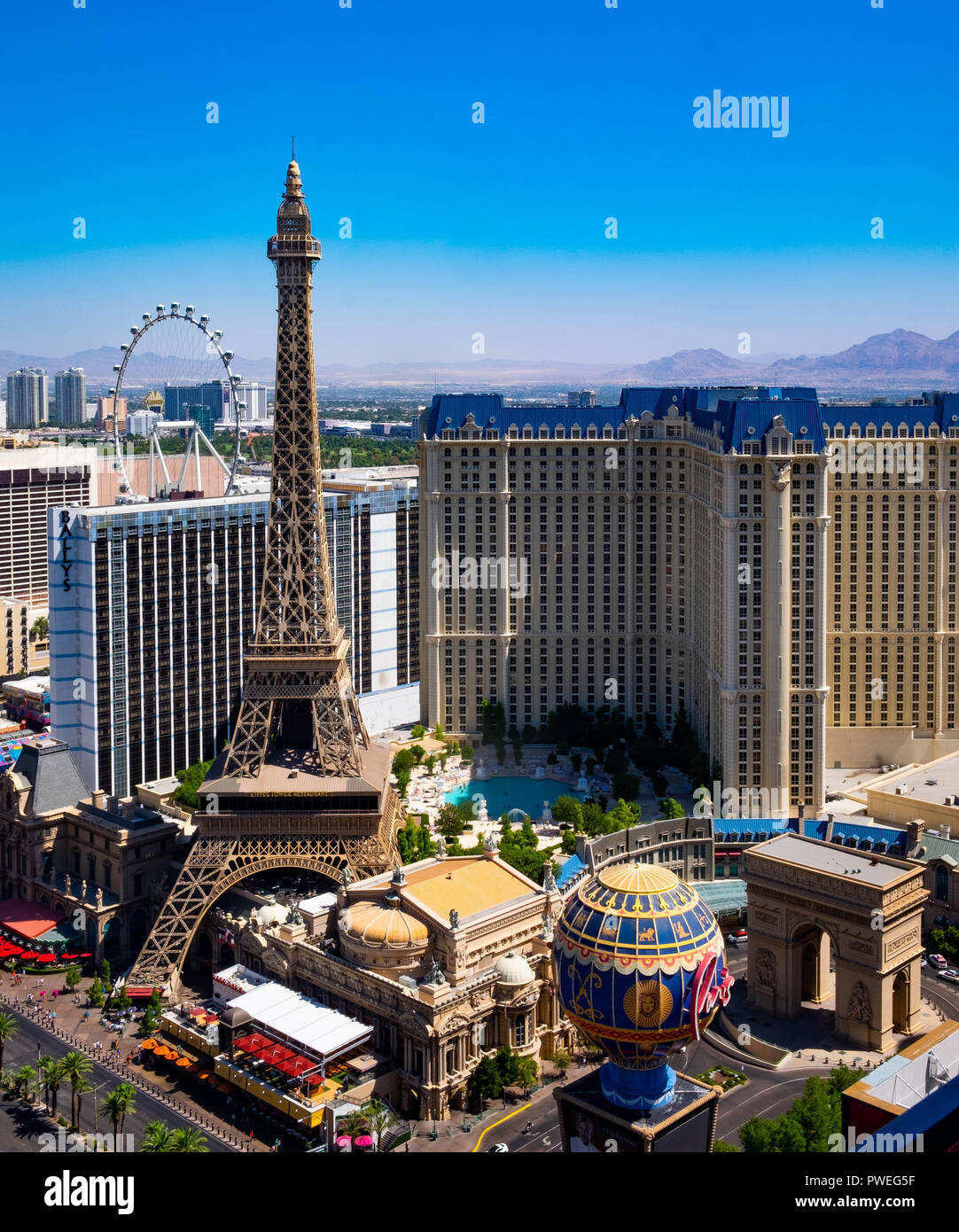 The Paris Hotel Las Vegas from above showing the Eiffel Tower and Mongolfier Balloon Stock Photo