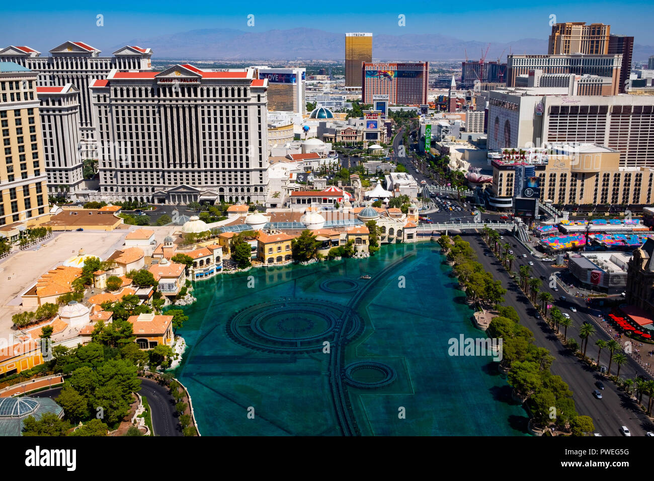 The Las Vegas strip skyline looking over the Bellagio Hotel fountain Stock Photo