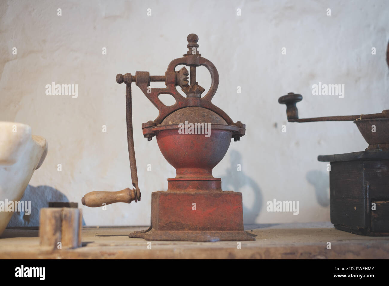 old coffee bean grinder, vintage kitchenware  - Stock Photo