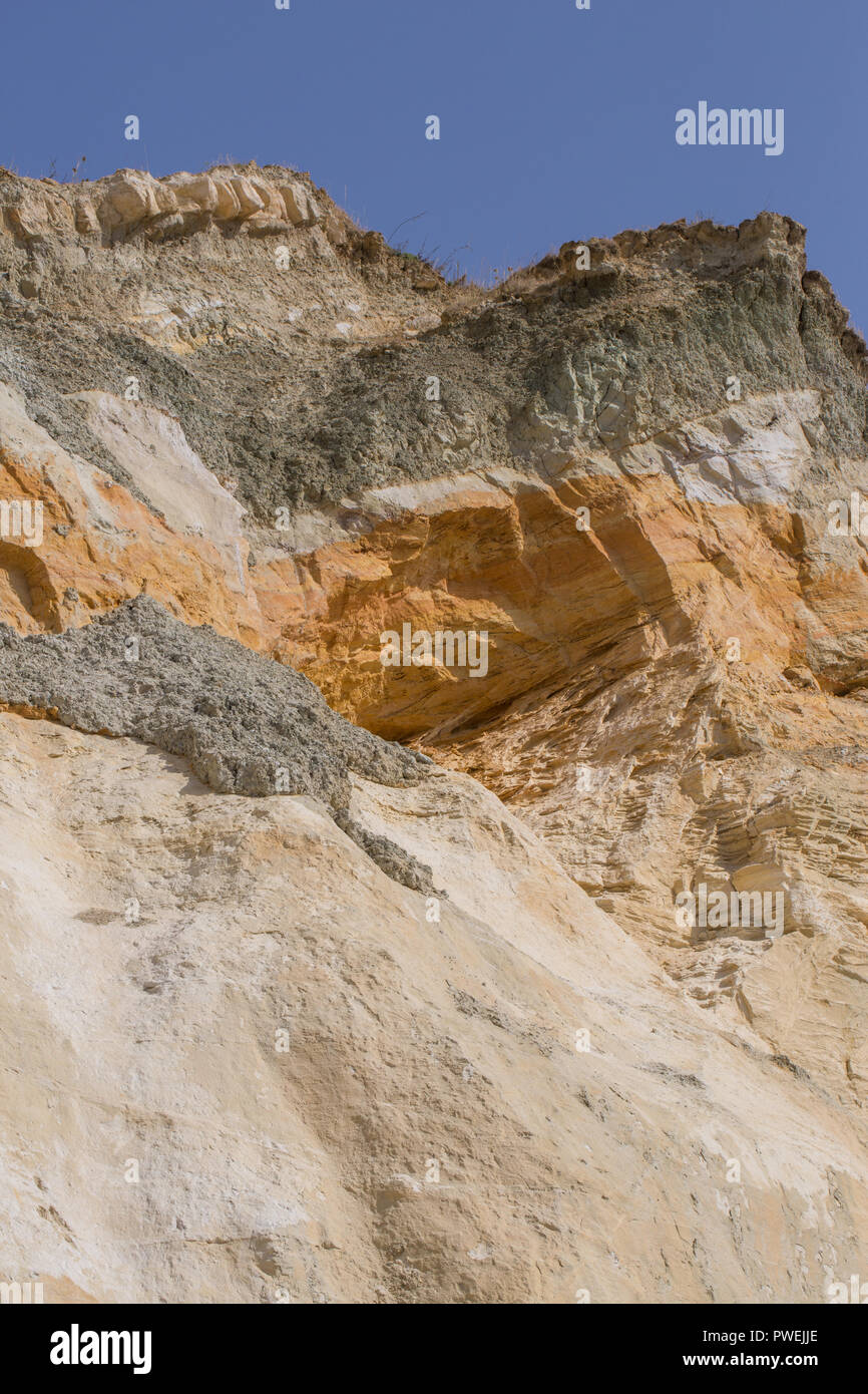 Alum Bay. Coloured chalk cliff. Unusual folded sedimentary Strata Landforms. Headon Warren and West High Down SSSI, Cliffs. The Isle of Wight. Southern England. Stock Photo