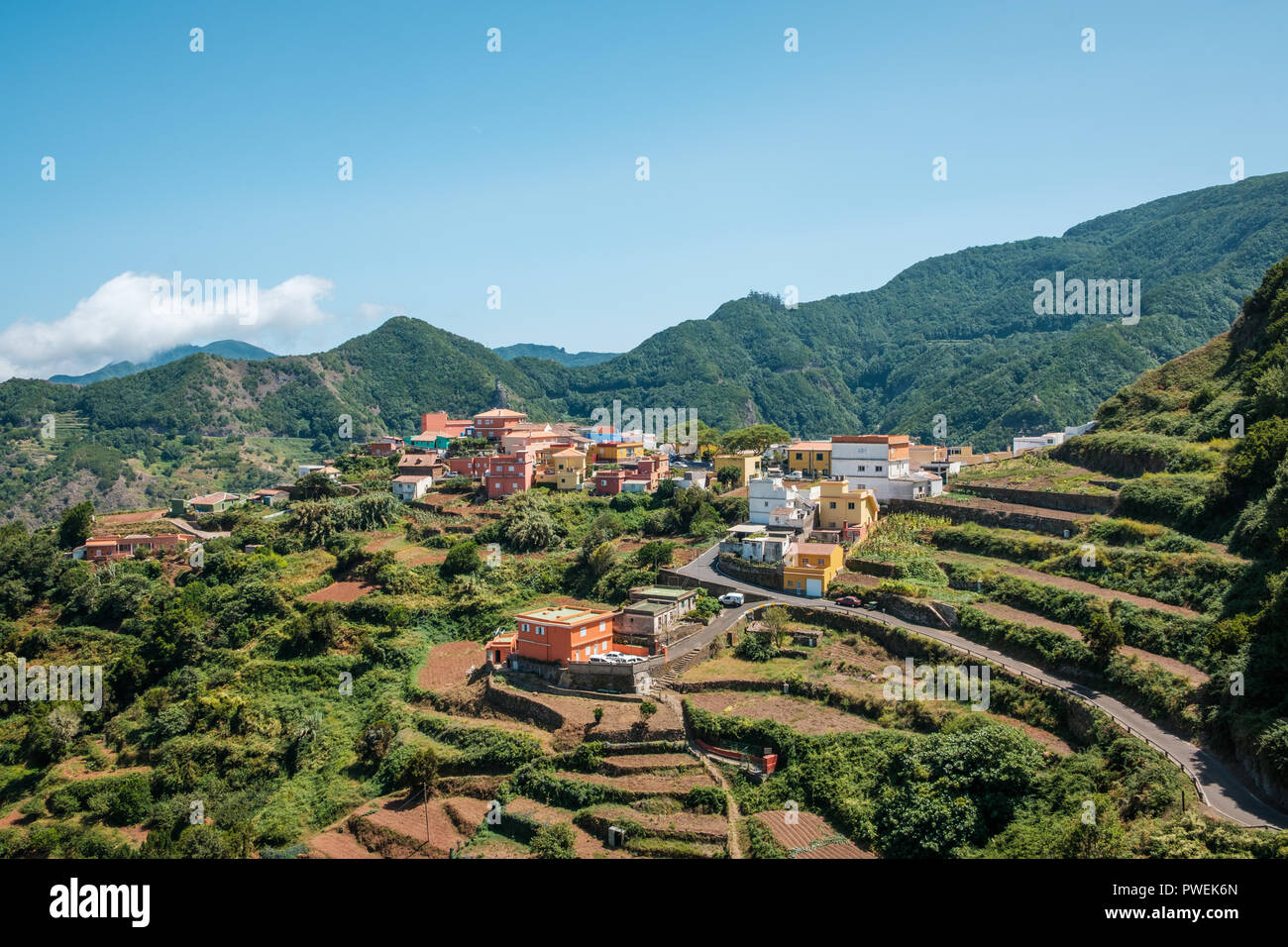 mountain village with terrace fields, Anaga mountains, tenerife, Spain Stock Photo