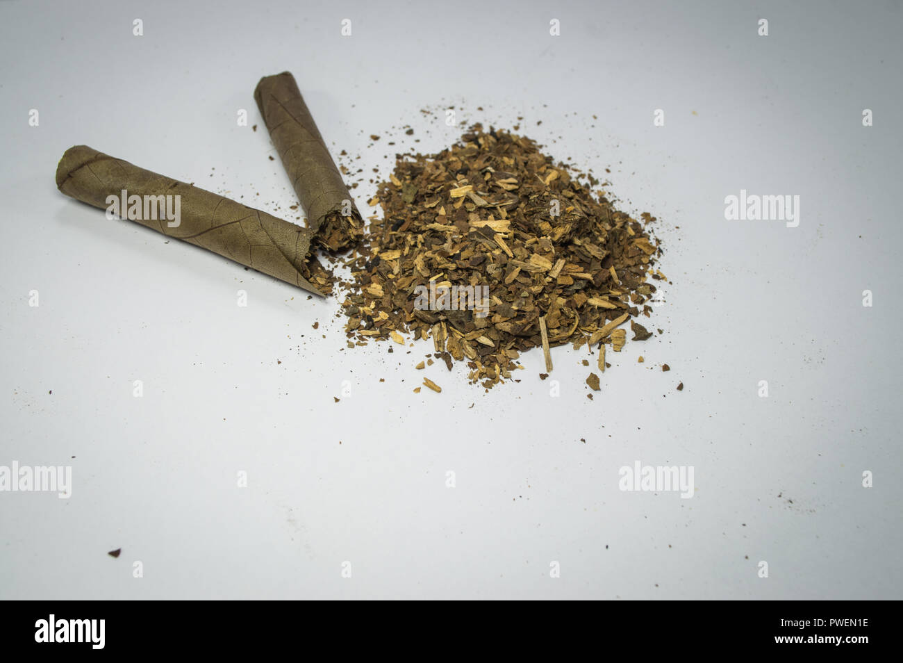 Native southeast asia cigarette and shredded tobacco. Stock Photo