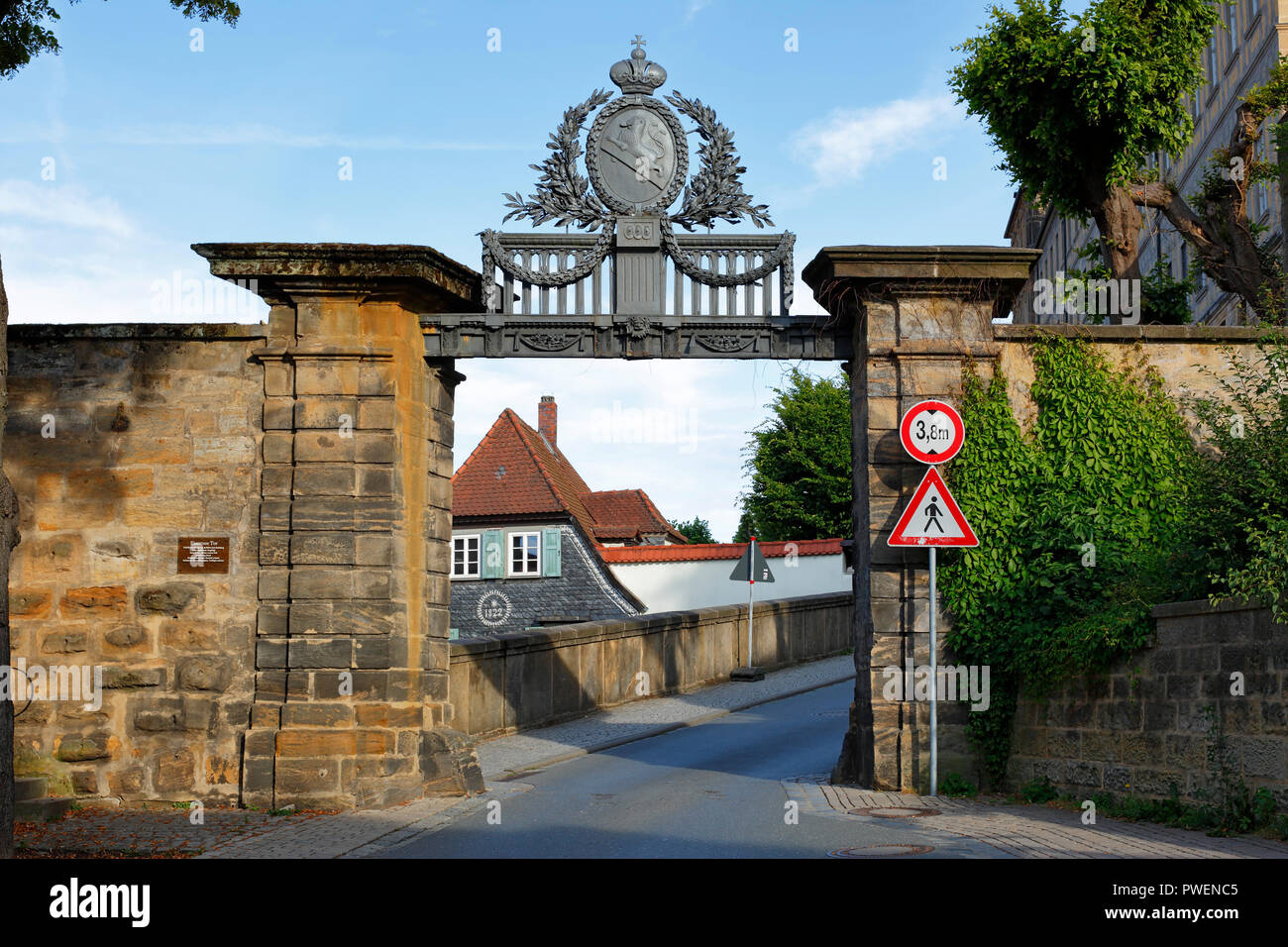 D-Bamberg, Regnitz, Main-Danube Canal, Upper Franconia, Franconia, Bavaria, Iron Gate with heraldic figure, driveway to the cathedral hill, UNESCO World Heritage Site Stock Photo