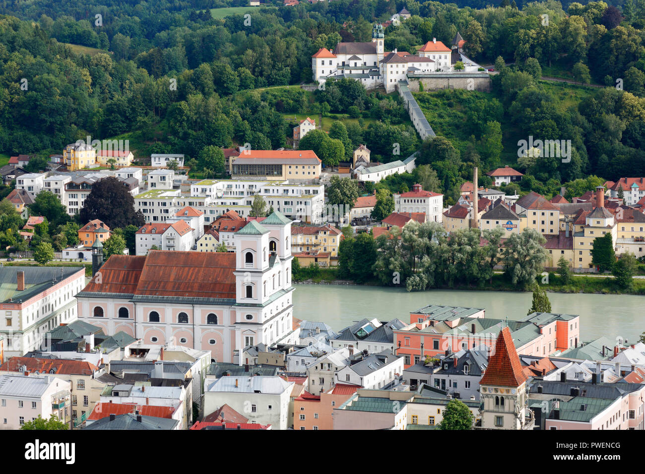 D-Passau, Danube, Inn, Ilz, panoramic view with Inn and old town, Monastery Niedernburg with tomb of the Blessed Gisella, former Benedictine nun monastery, behind pilgrimage church and monastery Saint Mary Help, baroque, river landscape, Inn landscape Stock Photo