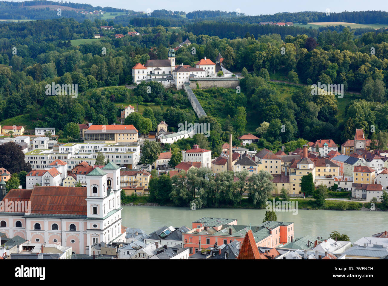 D-Passau, Danube, Inn, Ilz, panoramic view with Inn and old town, Monastery Niedernburg with tomb of the Blessed Gisella, former Benedictine nun monastery, behind pilgrimage church and monastery Saint Mary Help, baroque, river landscape, Inn landscape Stock Photo