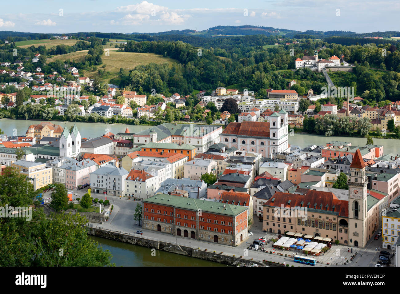 D-Passau, Danube, Inn, Ilz, panoramic view with Inn and Danube, old town, f.l.t.r. Monastery Niedernburg with tomb of the Blessed Gisella, former Benedictine nun monastery, Jesuits church St. Michael with Leopoldinum high school, former Jesuit college, pilgrimage church and monastery Saint Mary Help, town hall, baroque, river landscape, Inn landscape Stock Photo