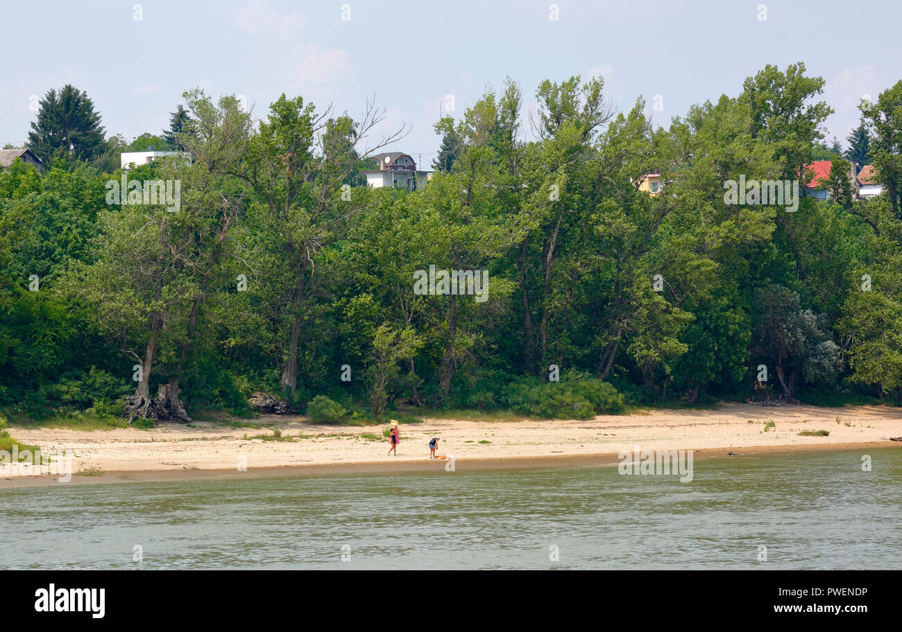 Hungary, Central Transdanubia, Fejer County, Baracs, Danube landscape, Danube river bank, people at a bathing beach, sandy beach Stock Photo