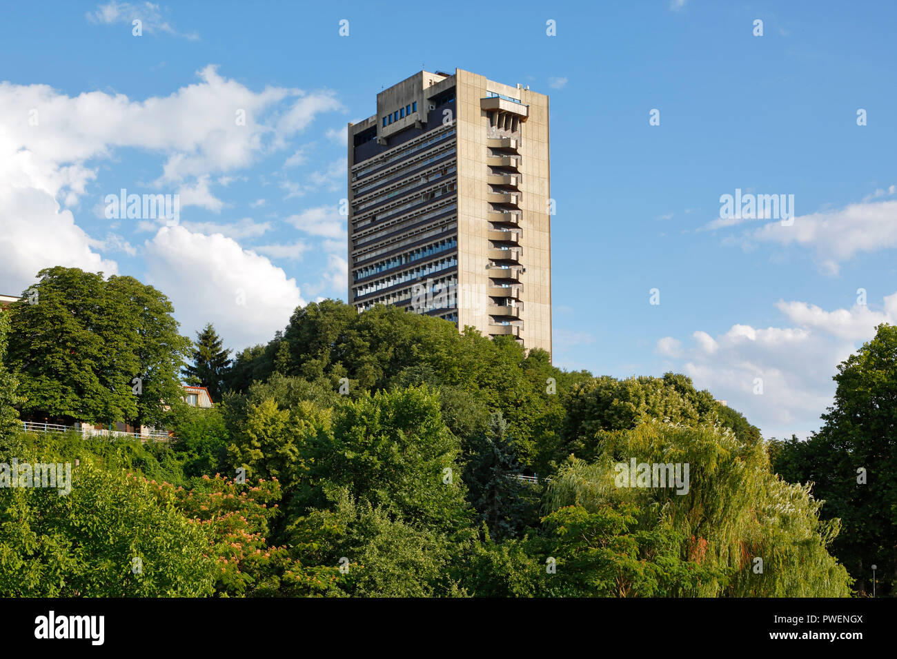 Bulgaria, Northern Bulgaria, Ruse at the Danube, Rousse, Russe, Danube lowlands, Grand Hotel Riga, highrise, trees, cloudy sky Stock Photo