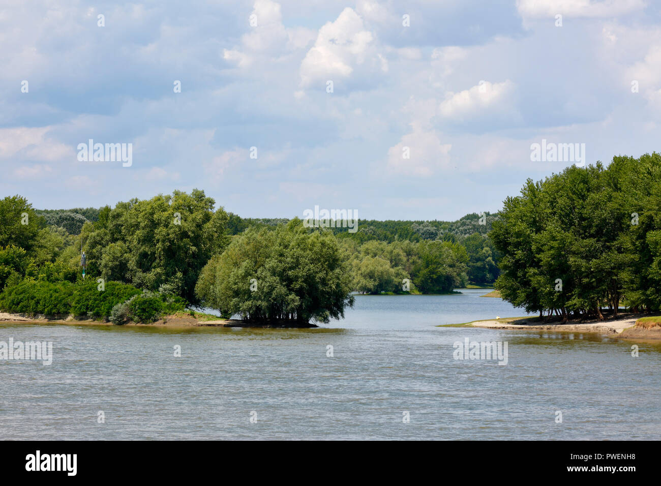 river landscape near Calarasi on the Danube, Romania, Greater Walachia, Danube landscape, estuary, abandoned meander, floodplain, alluvial land, cloudy sky Stock Photo