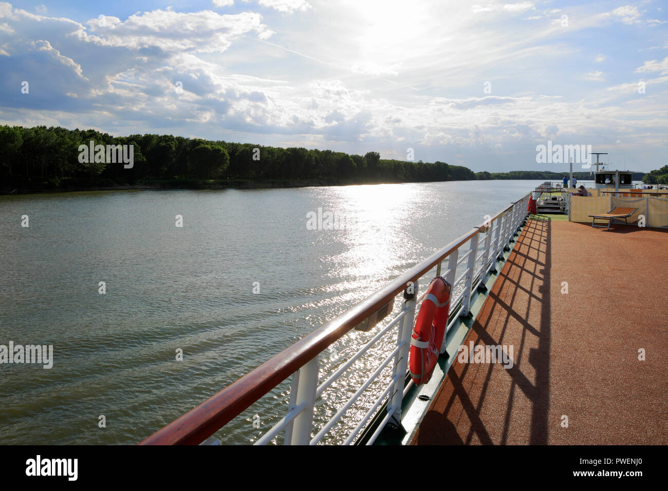 tourism, holiday, freetime, Danube river cruise, Danube navigation, aROSA cruiser Mia, upperdeck, gunwale, Danube landscape, river landscape near Ghindaresti in Romania, Constanta County, Dobruja, Dobrudja Stock Photo