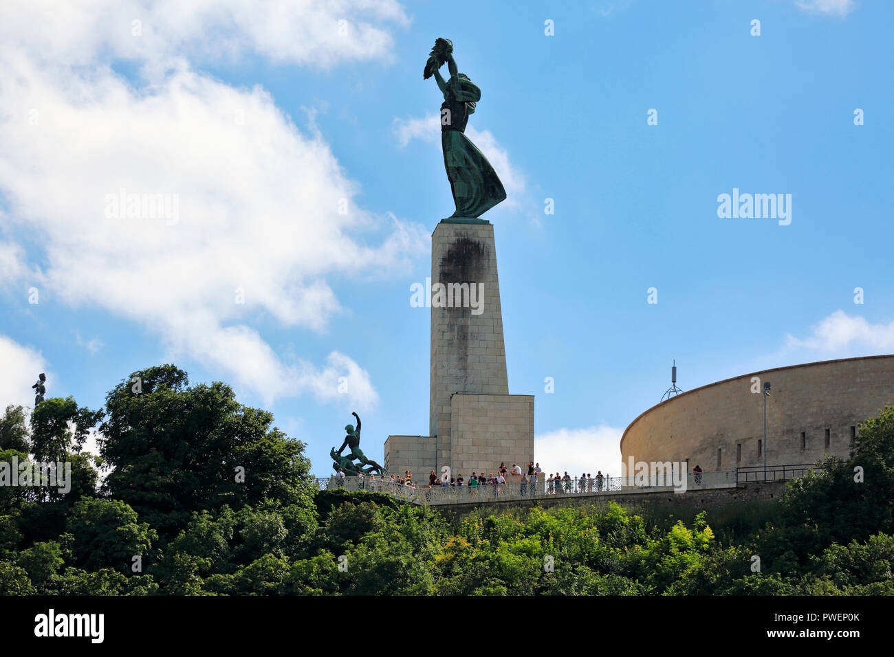 Hungary, Central Hungary, Budapest, Danube, Capital City, Gellert Hill with Liberty Monument, Liberty Statue by Zsigmond Kisfaludi Strobl, tourism, tourists, UNESCO World Heritage Site Stock Photo