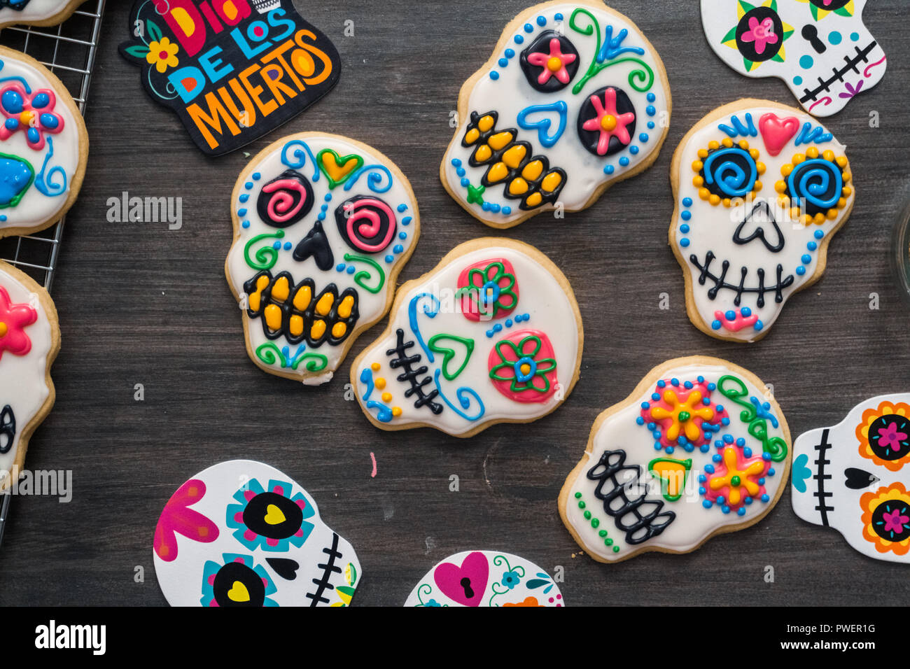 Sugar Cookies In Shape Of Sugar Skull Decorated With Colorful