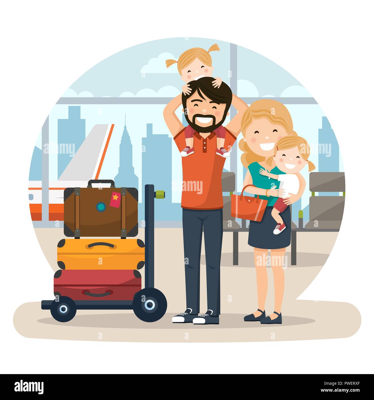 Happy family at the airport waiting for a flight. Vector illustration Stock Vector