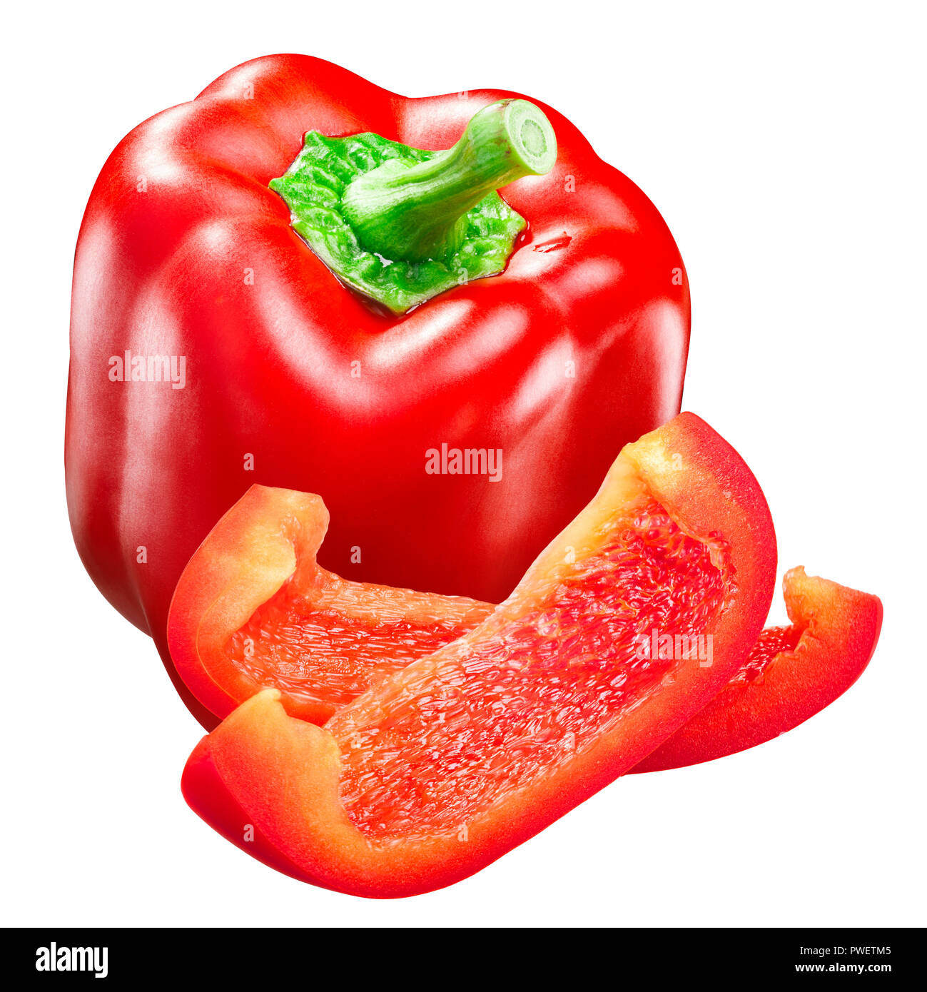 Red Bell Pepper (Capsicum annuum fruit), whole pod with slices