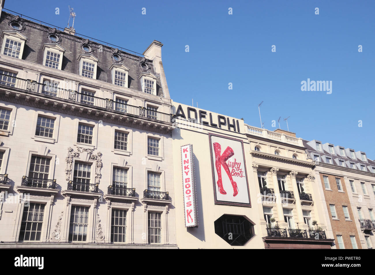 The Adelphi Theatre on The Strand playing hit musical production Kinky Boots, London, England, UK Stock Photo