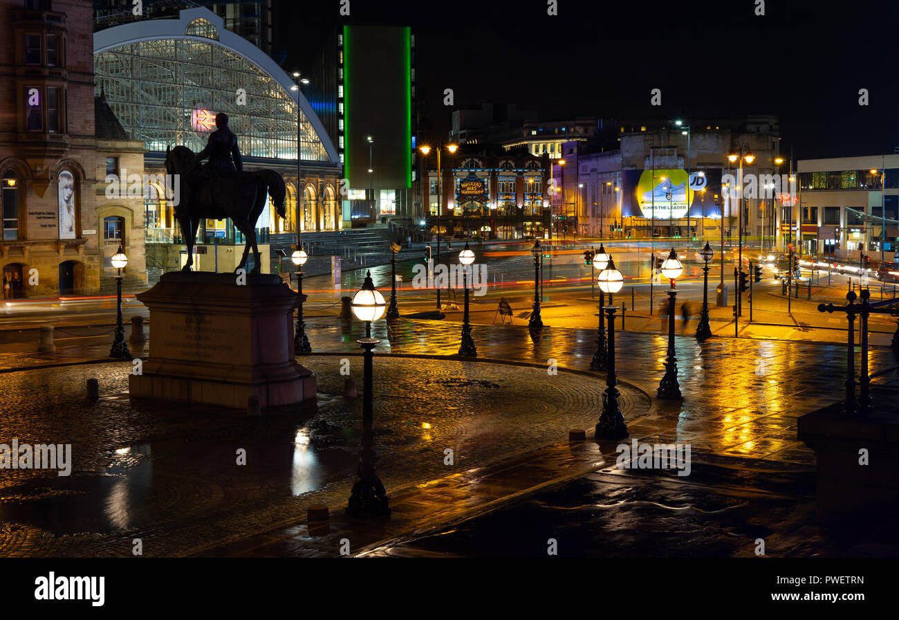 Lime Street Station, Liverpool, with Prince Albert's Statue in siloette. Image taken in October 2018. Stock Photo