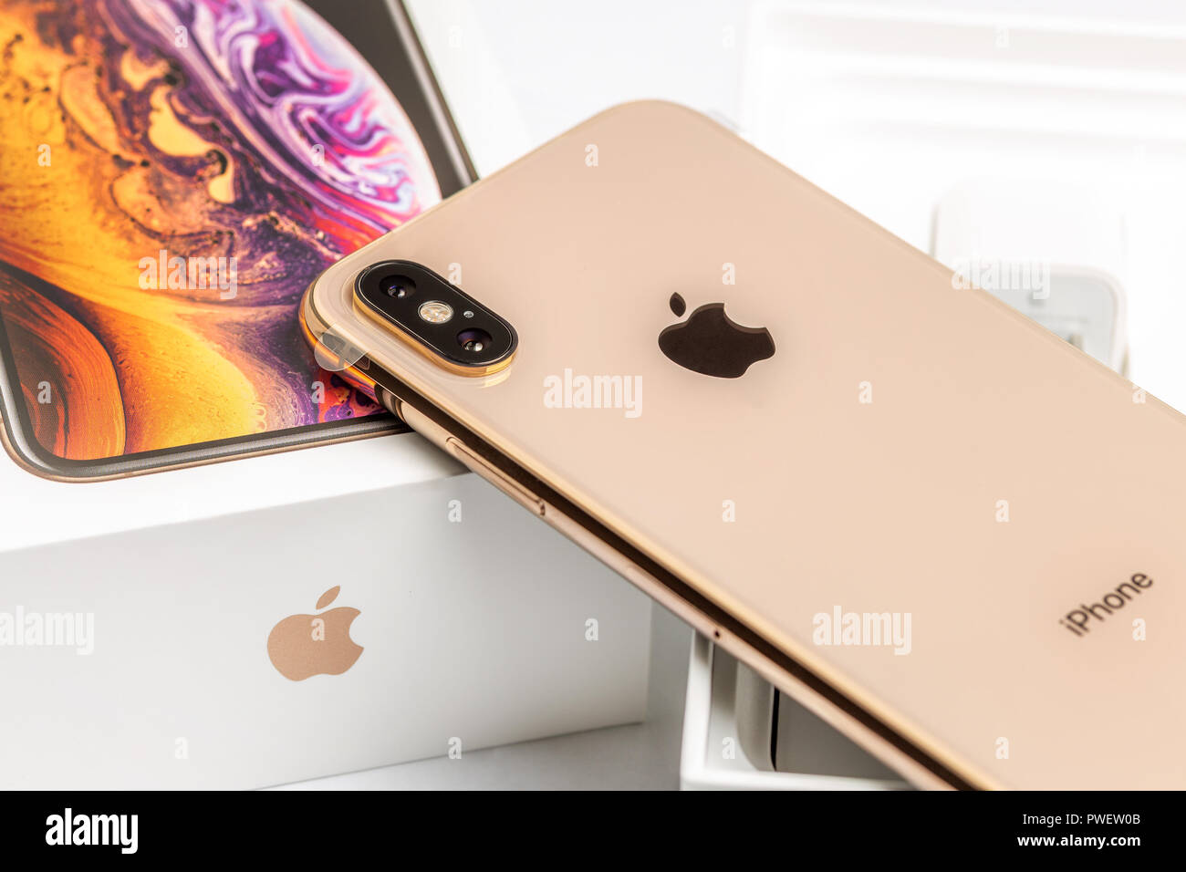 12th October,2018-Kiev,Ukraine: Latest Iphone XS on opened box on white  table. Newest Apple