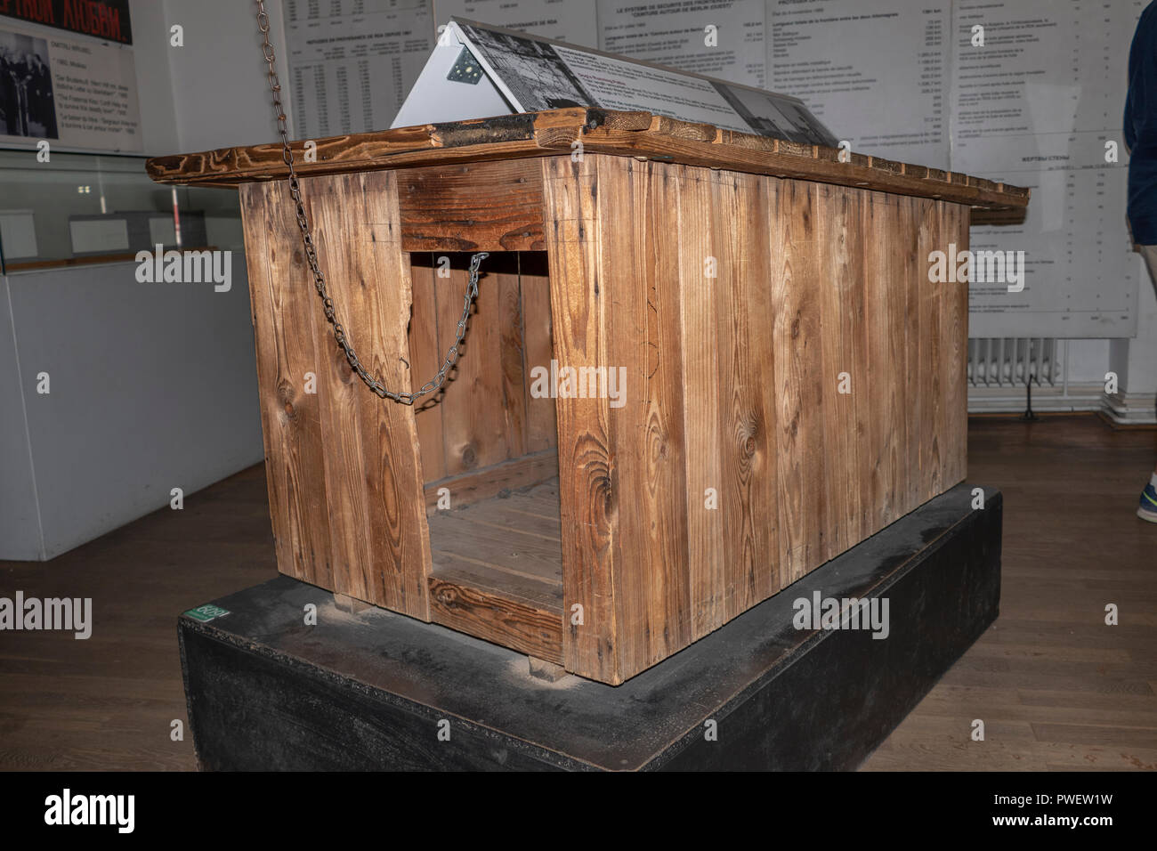 A guard dog house used on the Berlin Wall separating East and West Berlin between 1961-1989. Now displayed in the Mauermuseum Berlin. Stock Photo