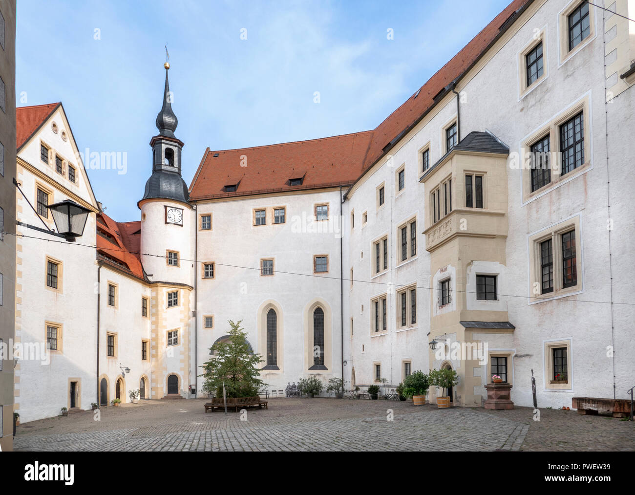 Furstenhaus, was the British and Dutch prisoner quarters were situated, on right. Colditz Castle, Germany. Stock Photo
