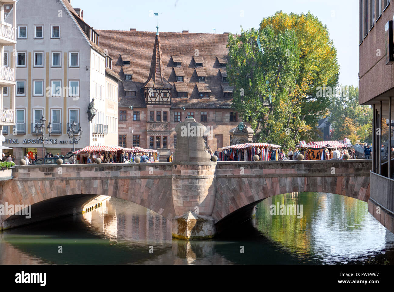 Museumsbrücke and Kreuzigungshof at the Pegnitz river in Nuremberg - Nürnberg, Germany. Stock Photo