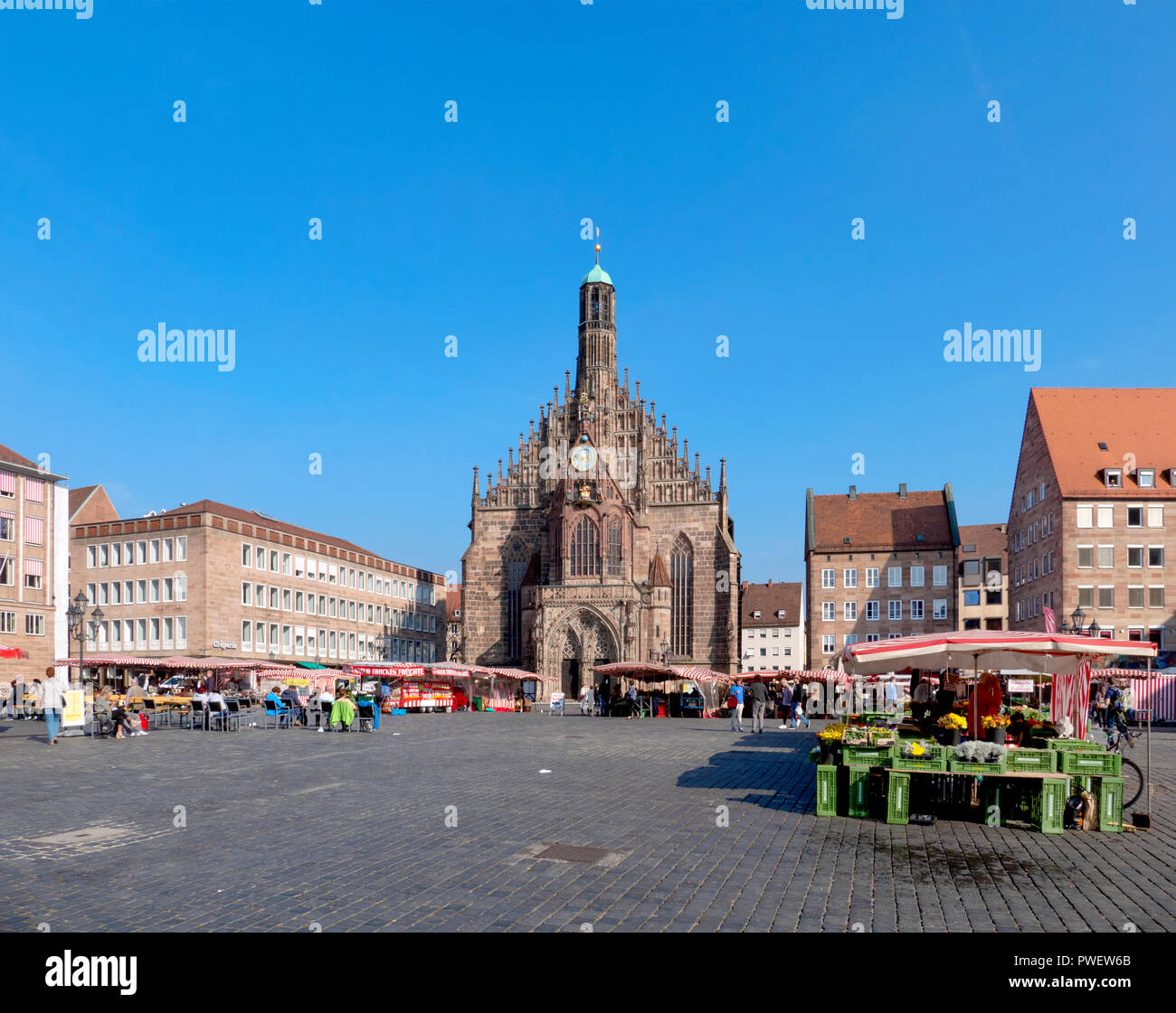 The Frauenkirche church in Nuremberg - Nurnberger, Germany. First opened in 1361 and stands in the Hauptmarkt. Stock Photo
