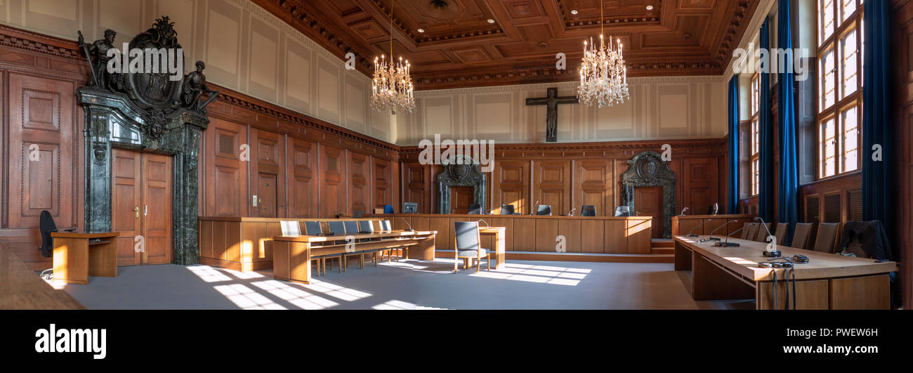 Courtroom 600 at the Palace of Justice in Nuremberg, Germany. Location of the Nuremberg trials of Nazi war criminals including Rudolf Hess. Stock Photo