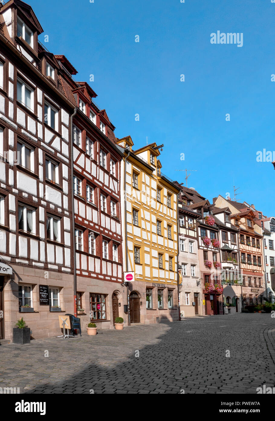 The largest ensemble of old artisan houses in Nuremberg in the Weißgerbergasse in Nuremberg, Germany. Stock Photo