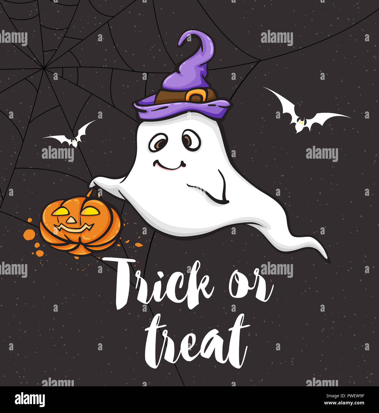 Halloween greeting card with cute little ghost in a violet hat. Trick or treat lettering. Stock Photo