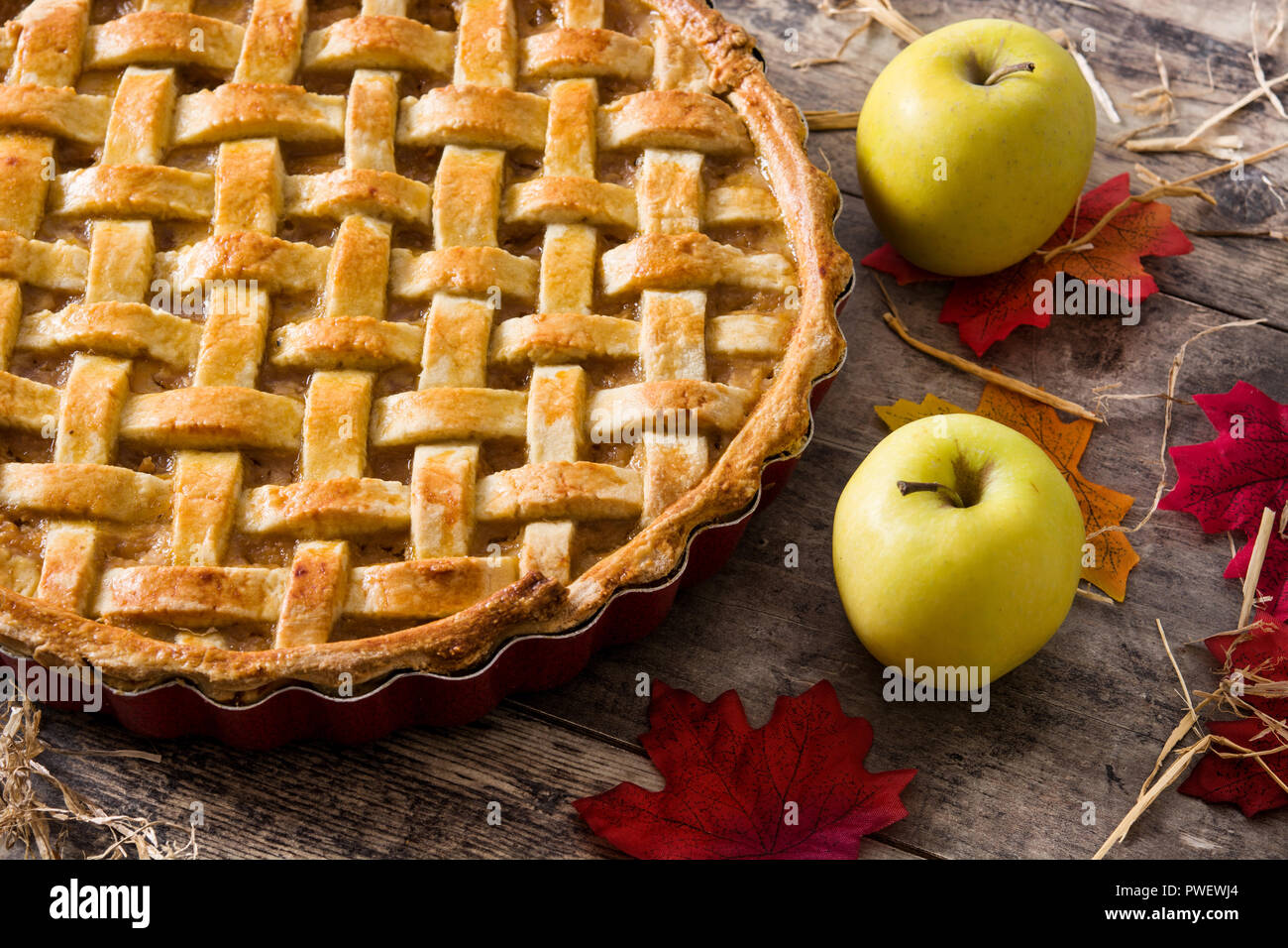 Homemade apple pie on wooden table Stock Photo