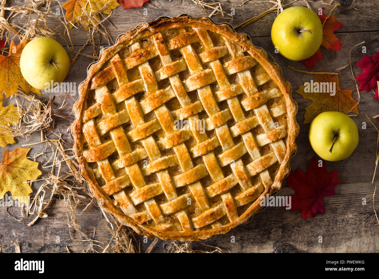 Homemade apple pie on wooden table. Top view Stock Photo