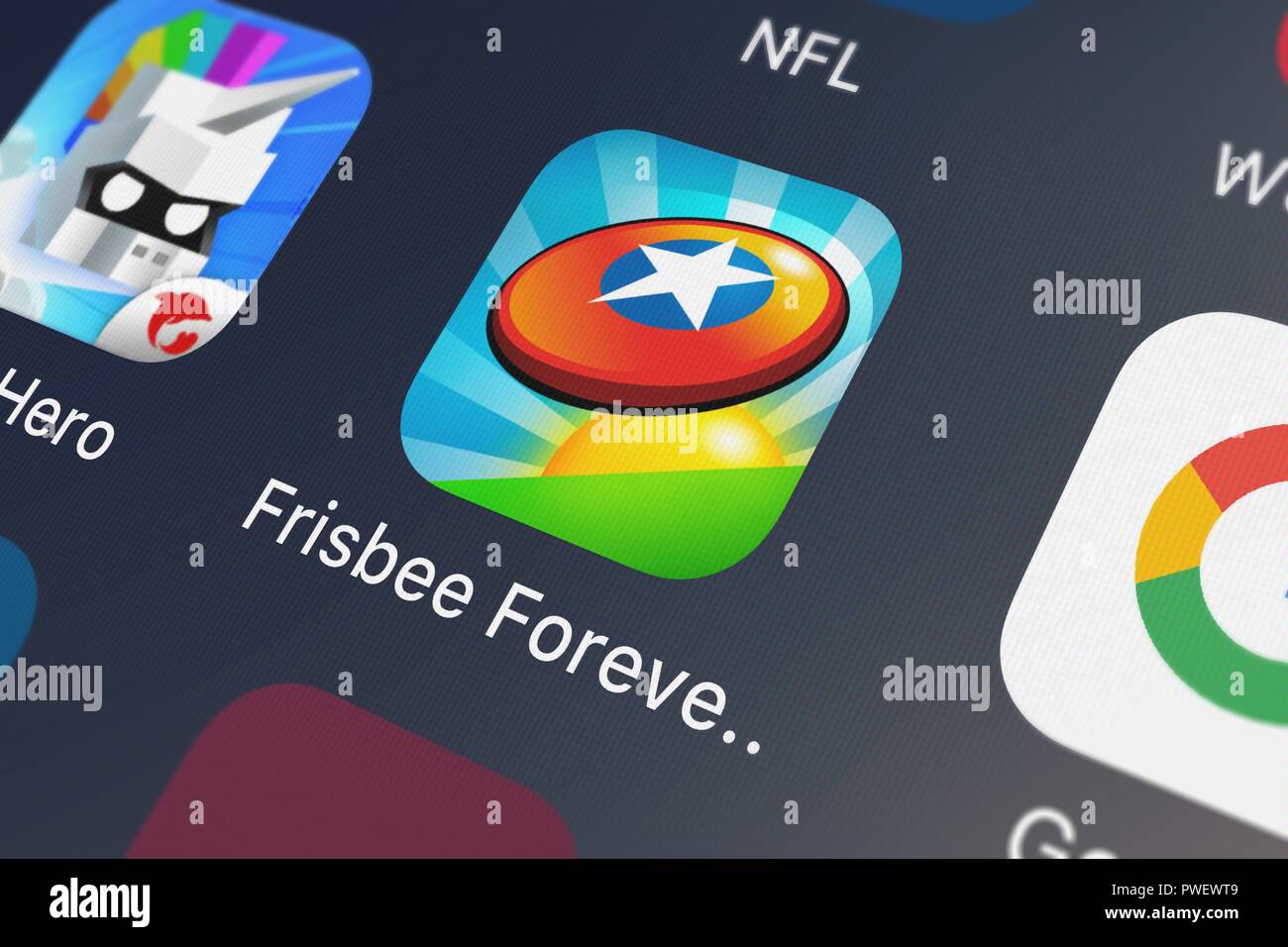 London, United Kingdom - October 15, 2018: Screenshot of the Frisbee® Forever mobile app from Kiloo icon on an iPhone. Stock Photo