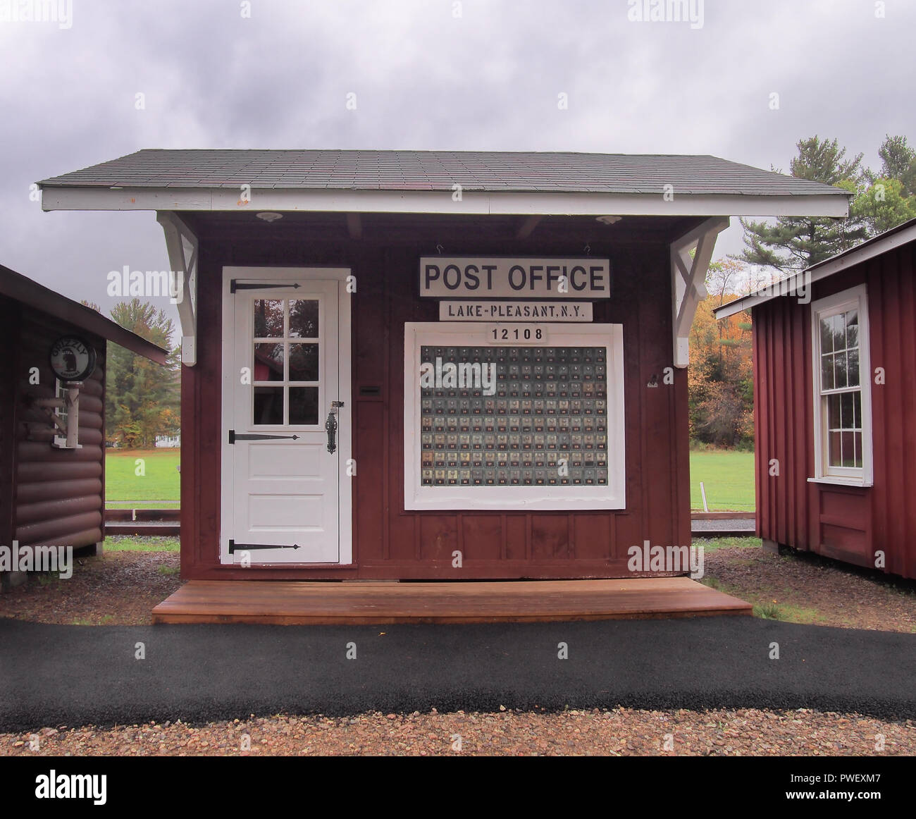 Speculator, New York, USA. October 11, 2018. Model of a post office in a small scaled down town for children behind the village playground in Speculat Stock Photo