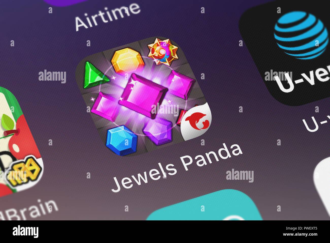 London, United Kingdom - October 15, 2018: Icon of the mobile app Jewels Panda from ZPLAY on an iPhone. Stock Photo