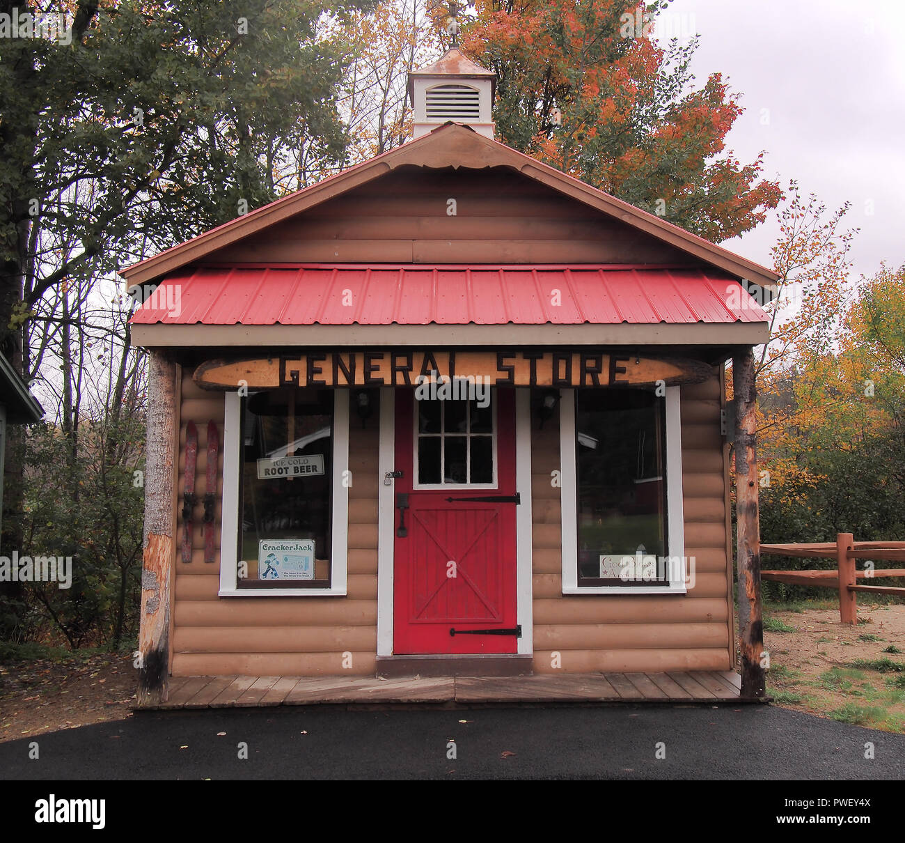 Speculator, New York, USA. October 11, 2018. Model of a general store  in a small scaled down town for children behind the village playground in Specu Stock Photo
