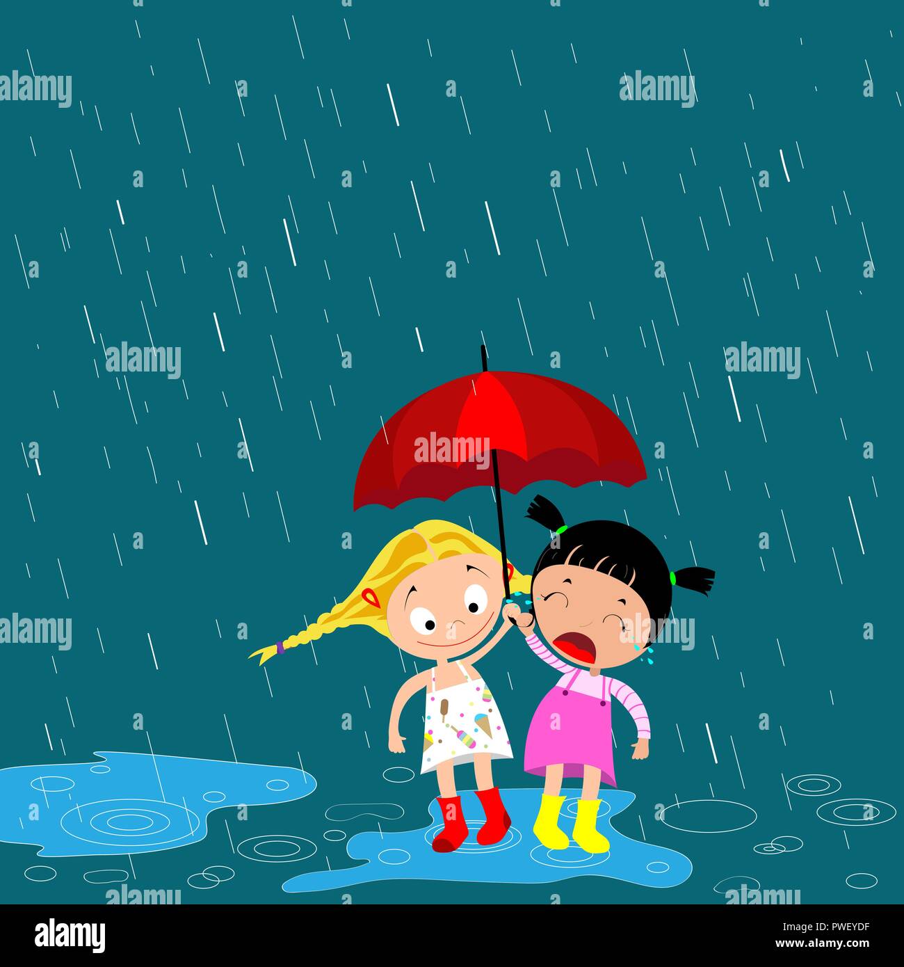 children under an umbrella in the rain Stock Vector