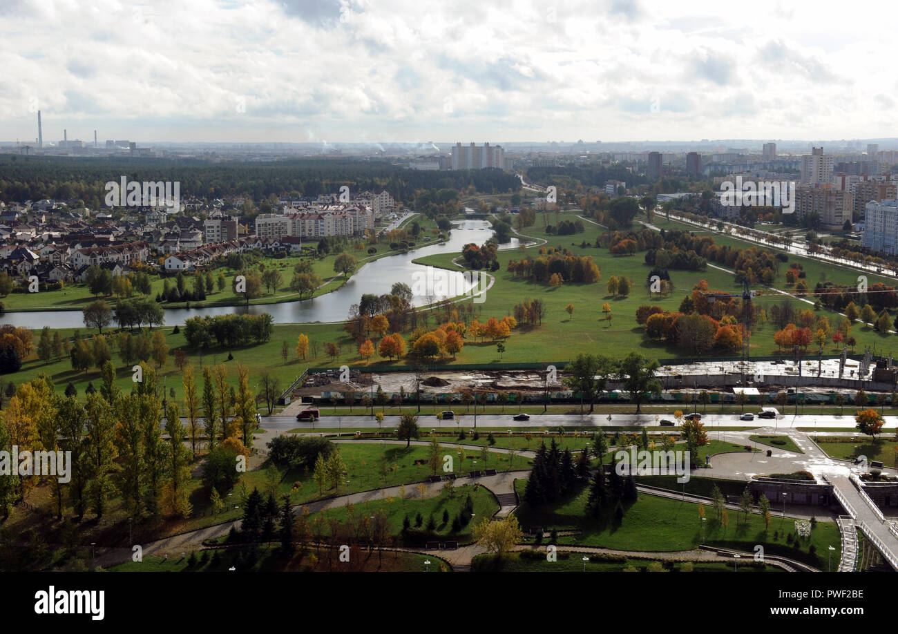 General aerial view of Minsk from the top of the National library building, Belarus. Stock Photo