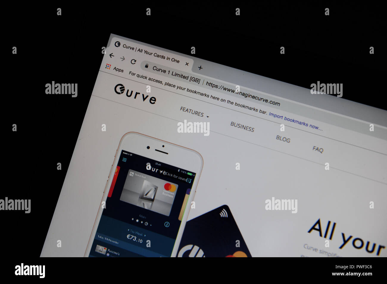 Website for Curve, Curve is a payment app which incorporates all your cards in one Stock Photo